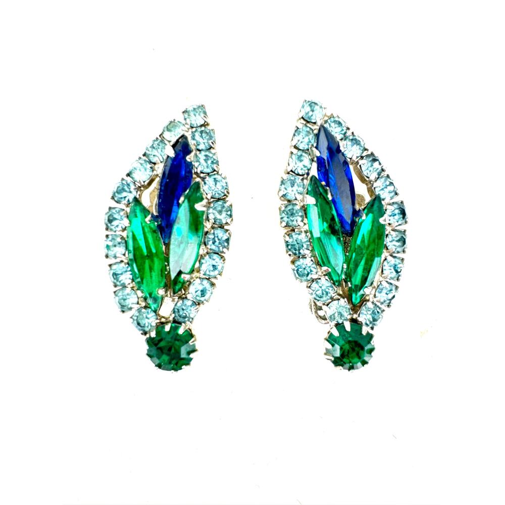 C 1960's Rhinestone Emerald Sapphire Aqua Clip on Vintage Earrings